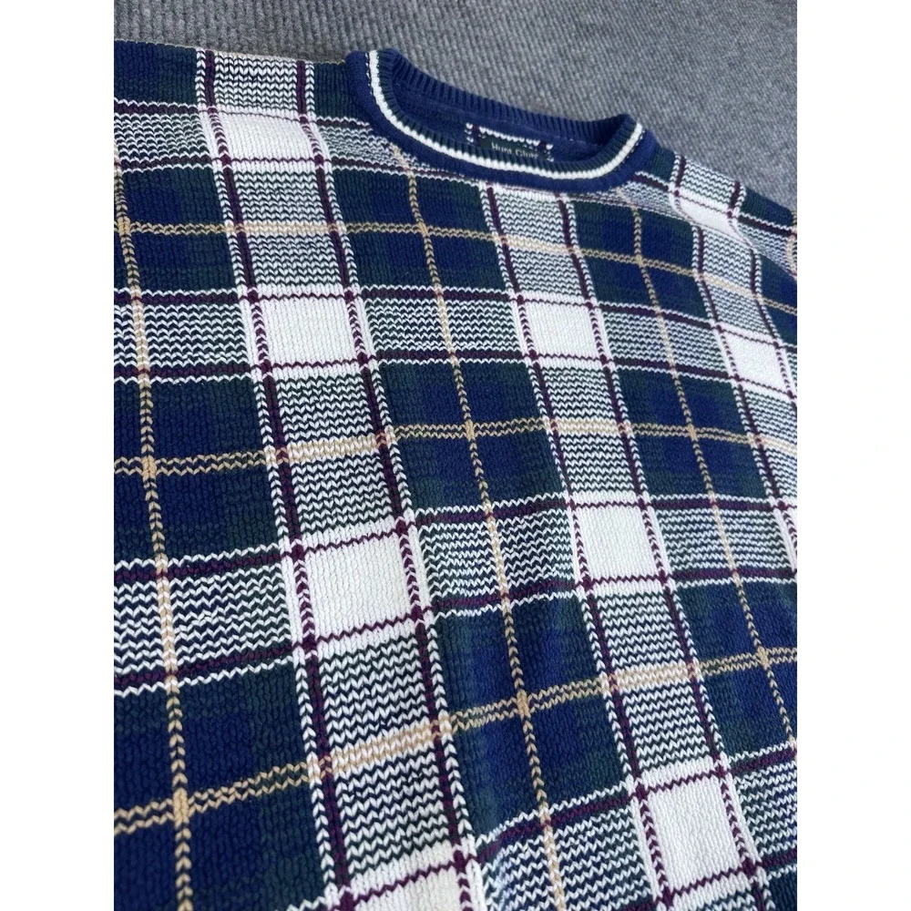 Vintage Hunt Club XL Blue Plaid Cotton Tight-Knit Crew‎ Neck Long Sleeve Sweater